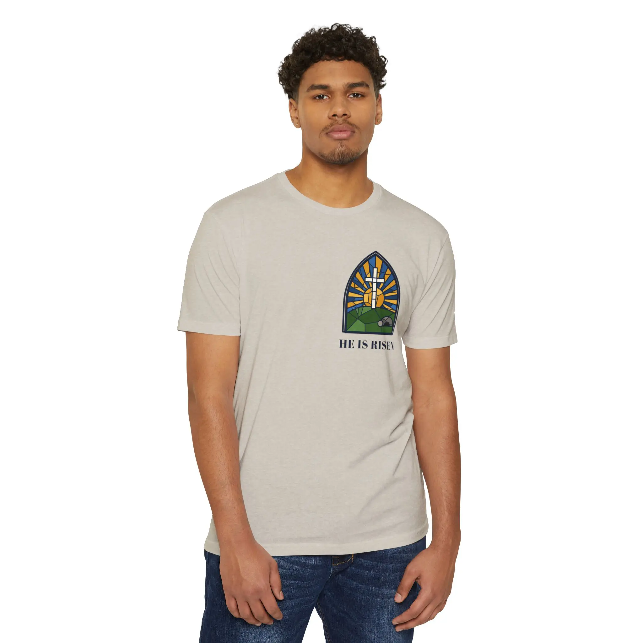 He Is Risen T-Shirt | Stained Glass Empty Tomb Front and Back Tee - Image 7