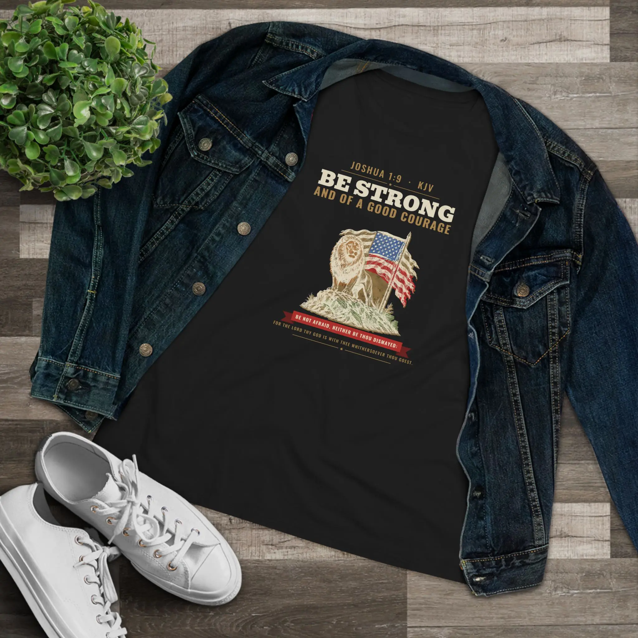 Women's Be Strong and of a Good Courage Tee | Joshua 1:9 Lion and Flag Christian Shirt - Image 3