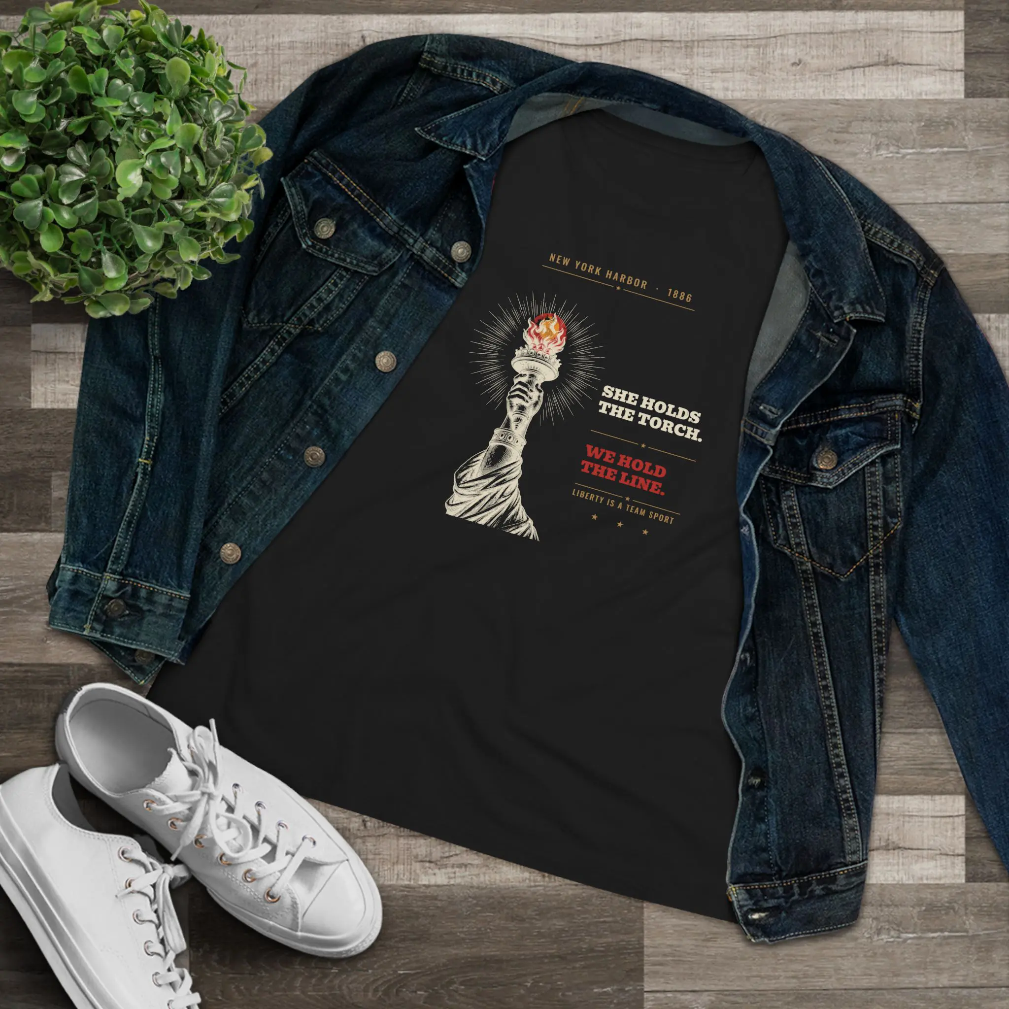 Women's She Holds the Torch. We Hold the Line. Tee | Lady Liberty Patriotic Shirt - Image 3