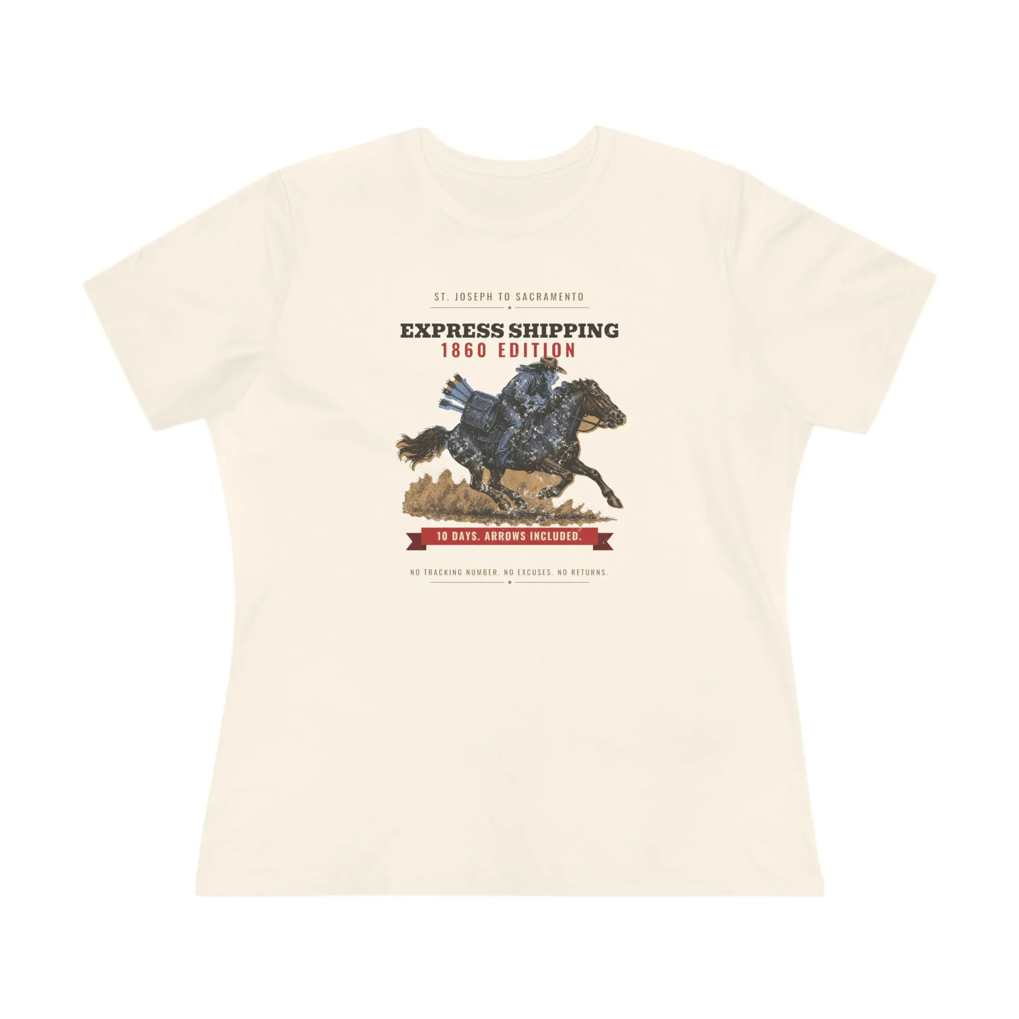 Women's Express Shipping 1860 Edition Tee | Funny Pony Express History Shirt - Image 5