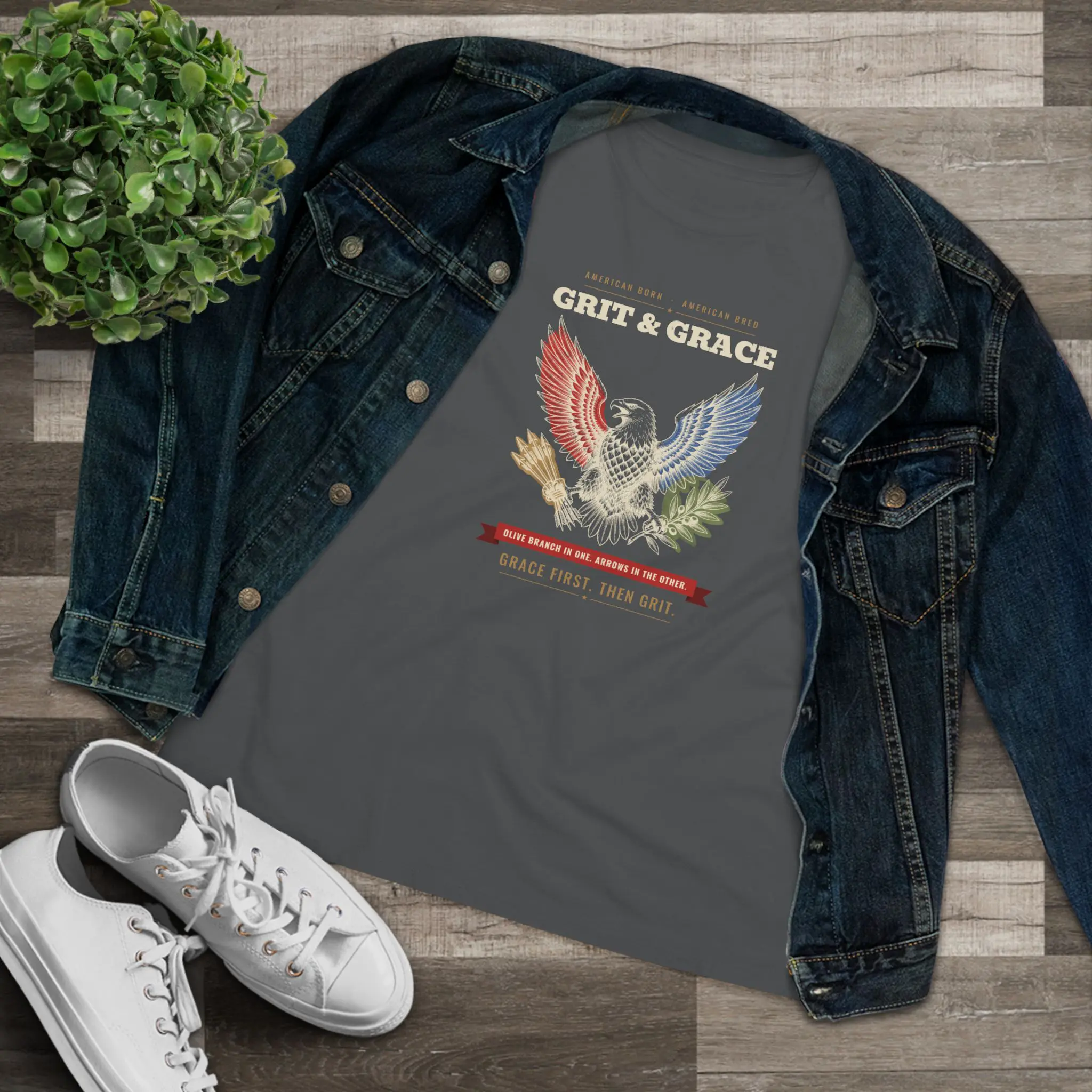 Women's Grit & Grace Eagle Tee | Patriotic American Eagle Olive Branch and Arrows Shirt - Image 7