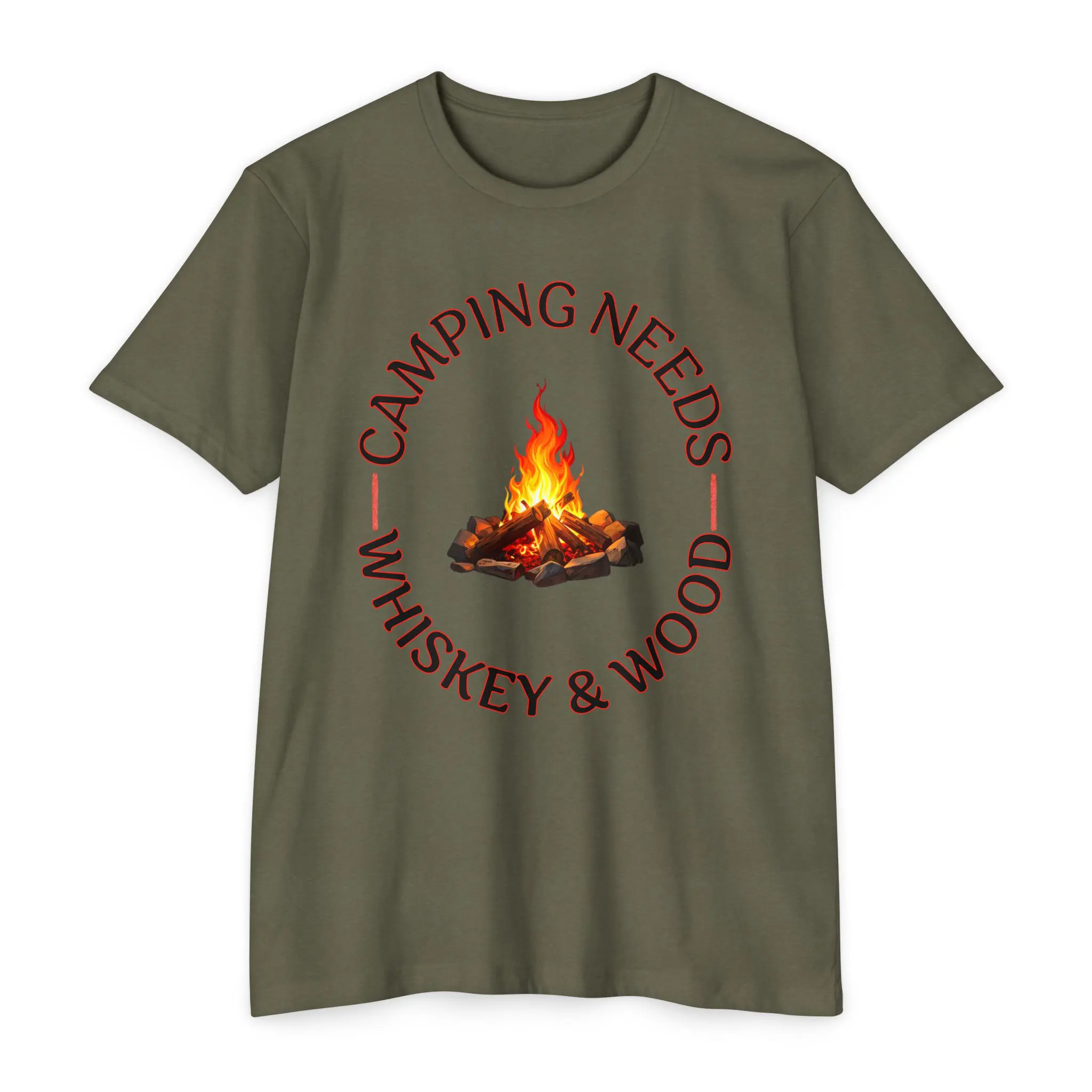Camping Needs Whiskey and Wood T-Shirt | Funny Campfire Graphic Tee - Image 9