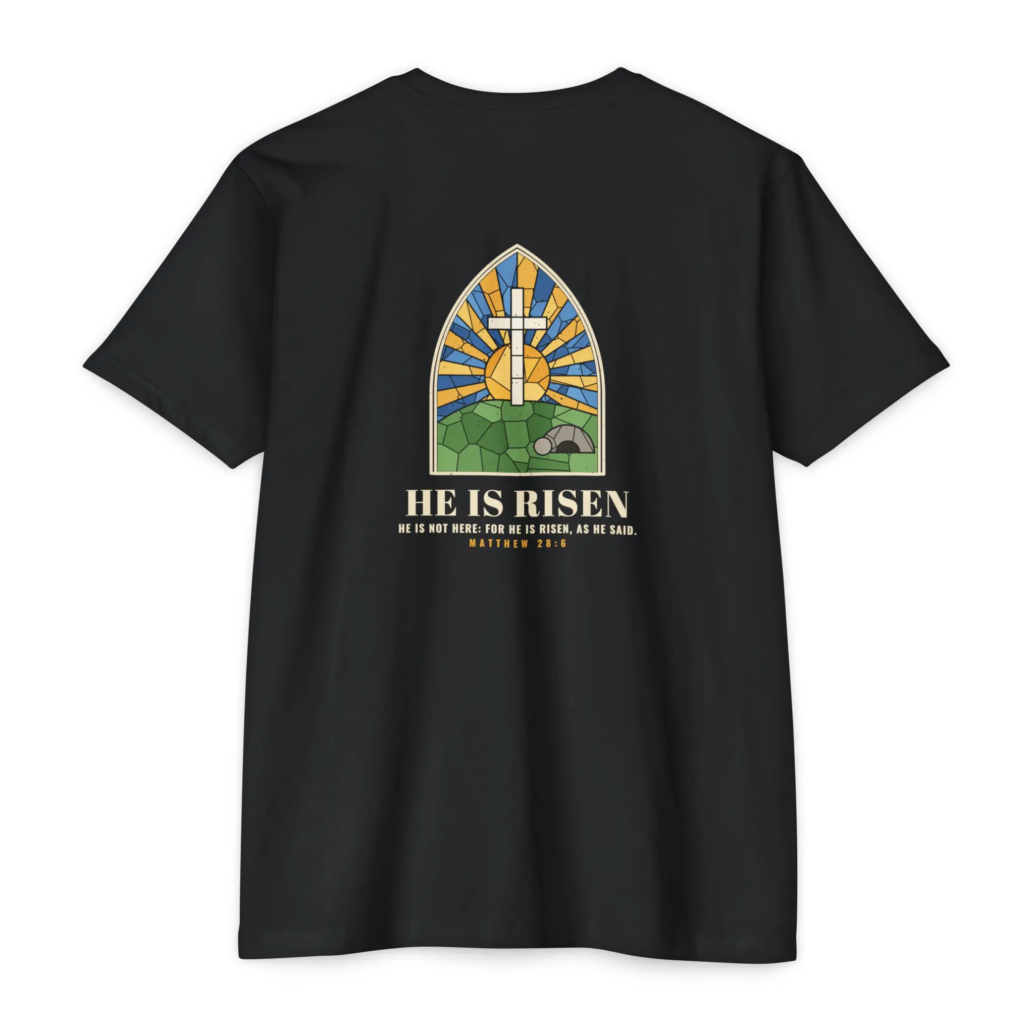 He Is Risen T-Shirt | Stained Glass Empty Tomb Front and Back Tee - Image 18