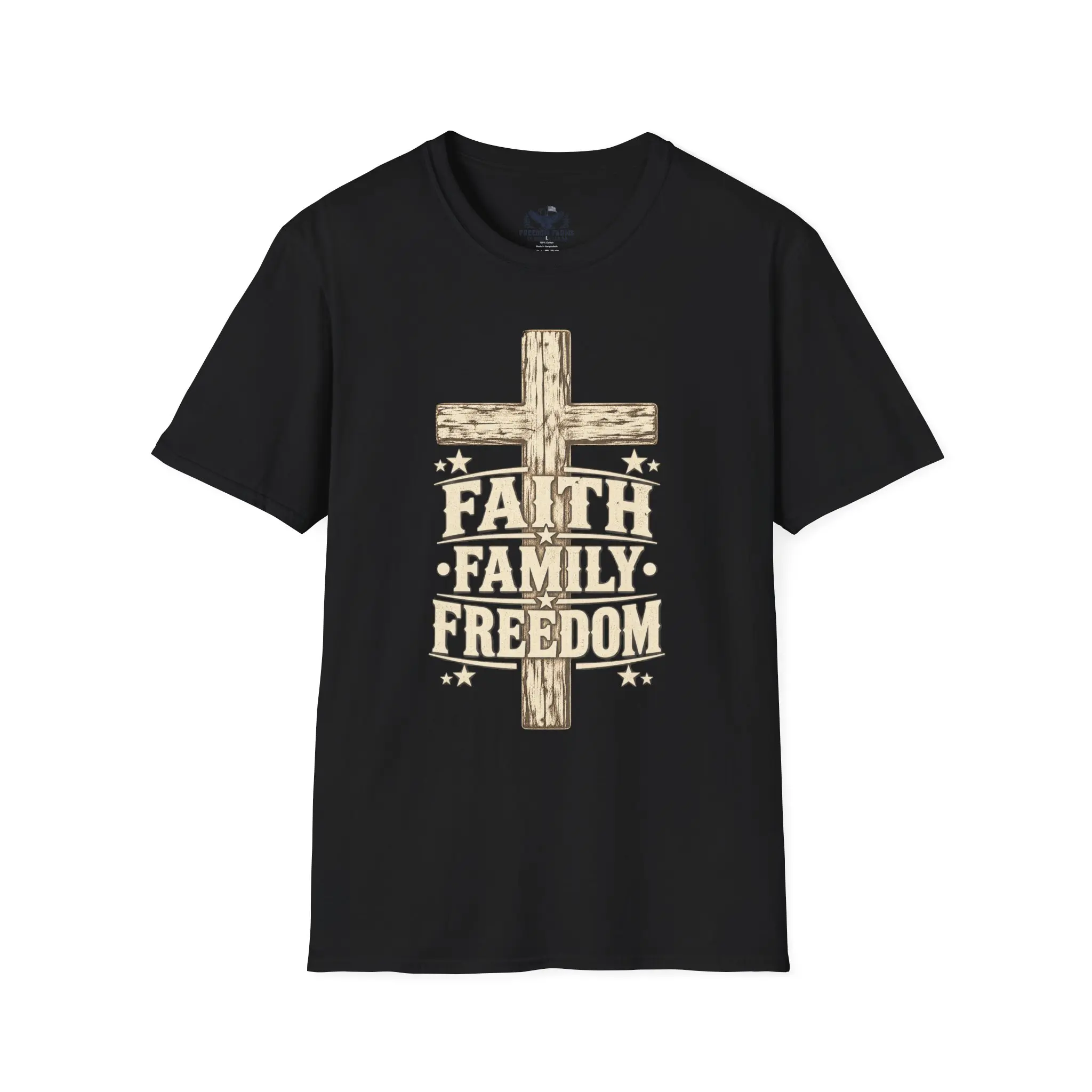 Faith Family Freedom T-Shirt | Rustic Wooden Cross Christian Patriot Tee