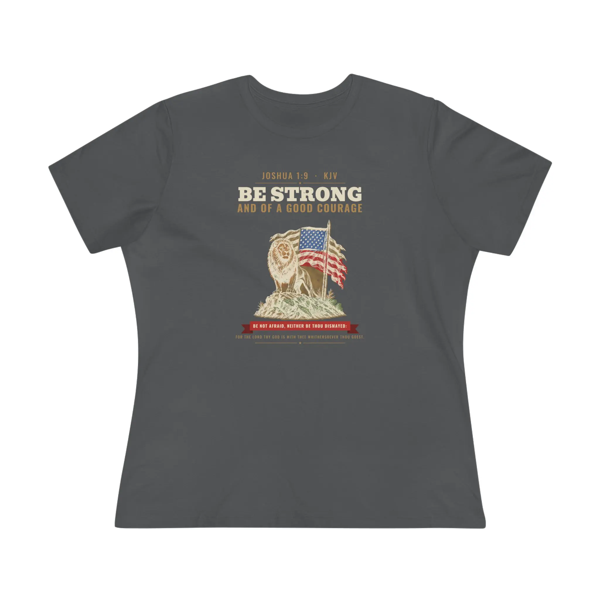 Women's Be Strong and of a Good Courage Tee | Joshua 1:9 Lion and Flag Christian Shirt - Image 5