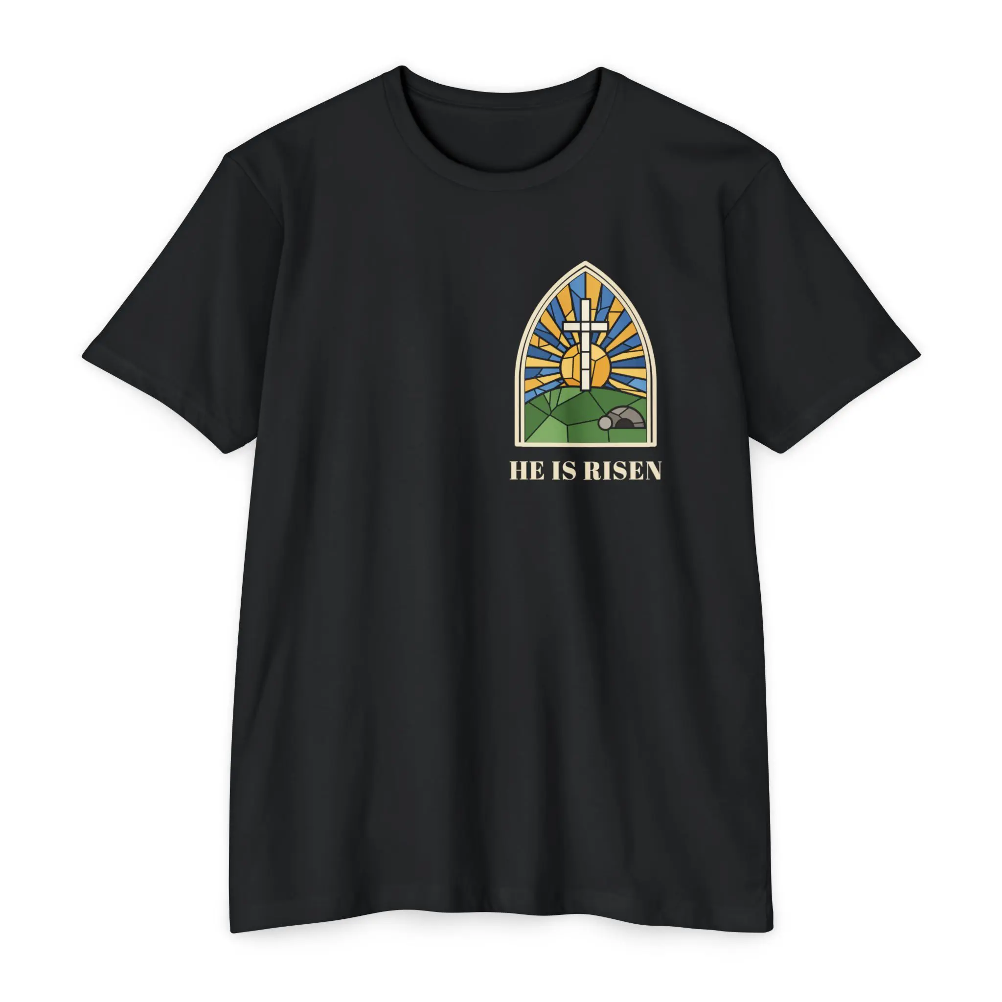 He Is Risen T-Shirt | Stained Glass Empty Tomb Front and Back Tee - Image 17