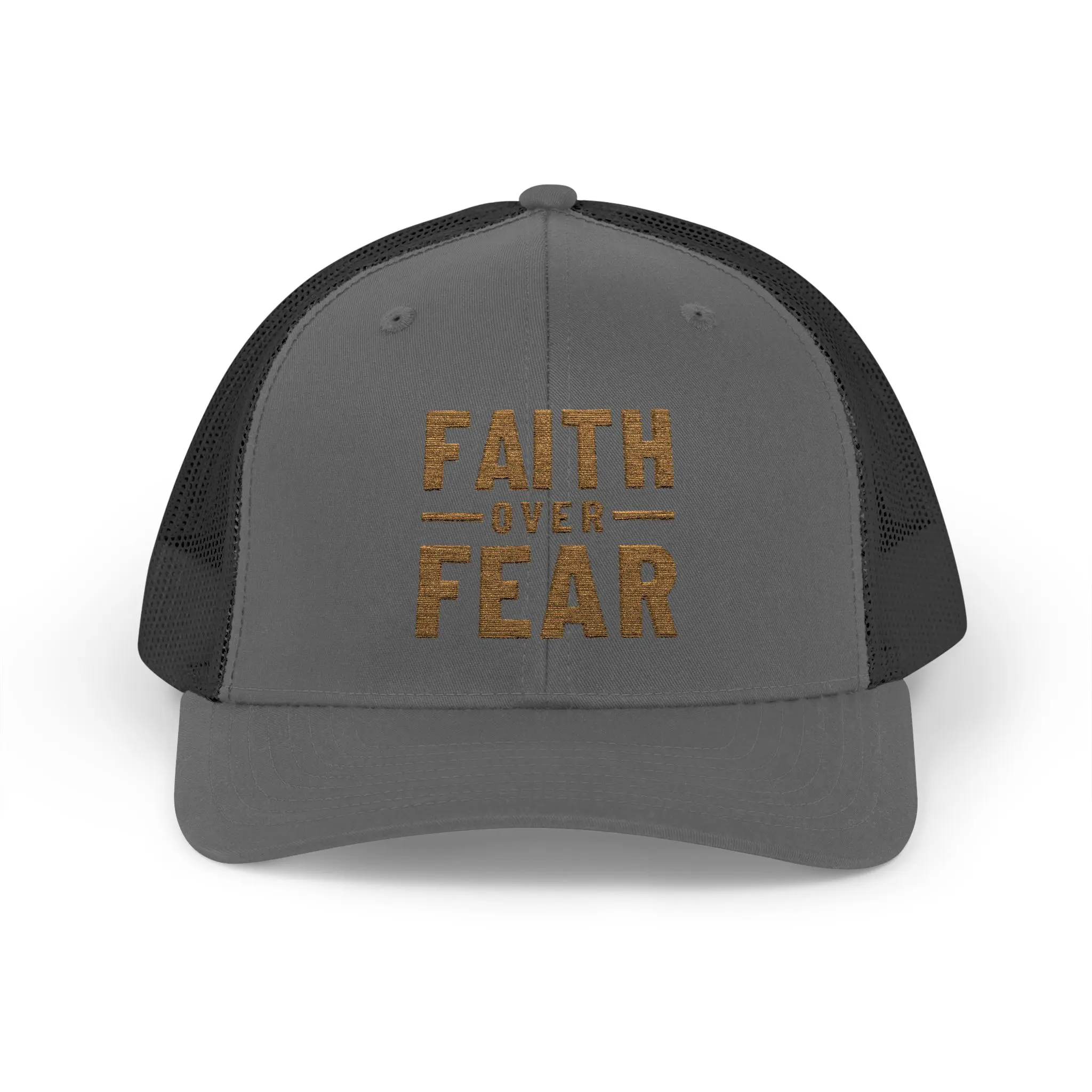 Faith Over Fear Trucker Hat | Gold Embroidered Christian Snapback - Image 9