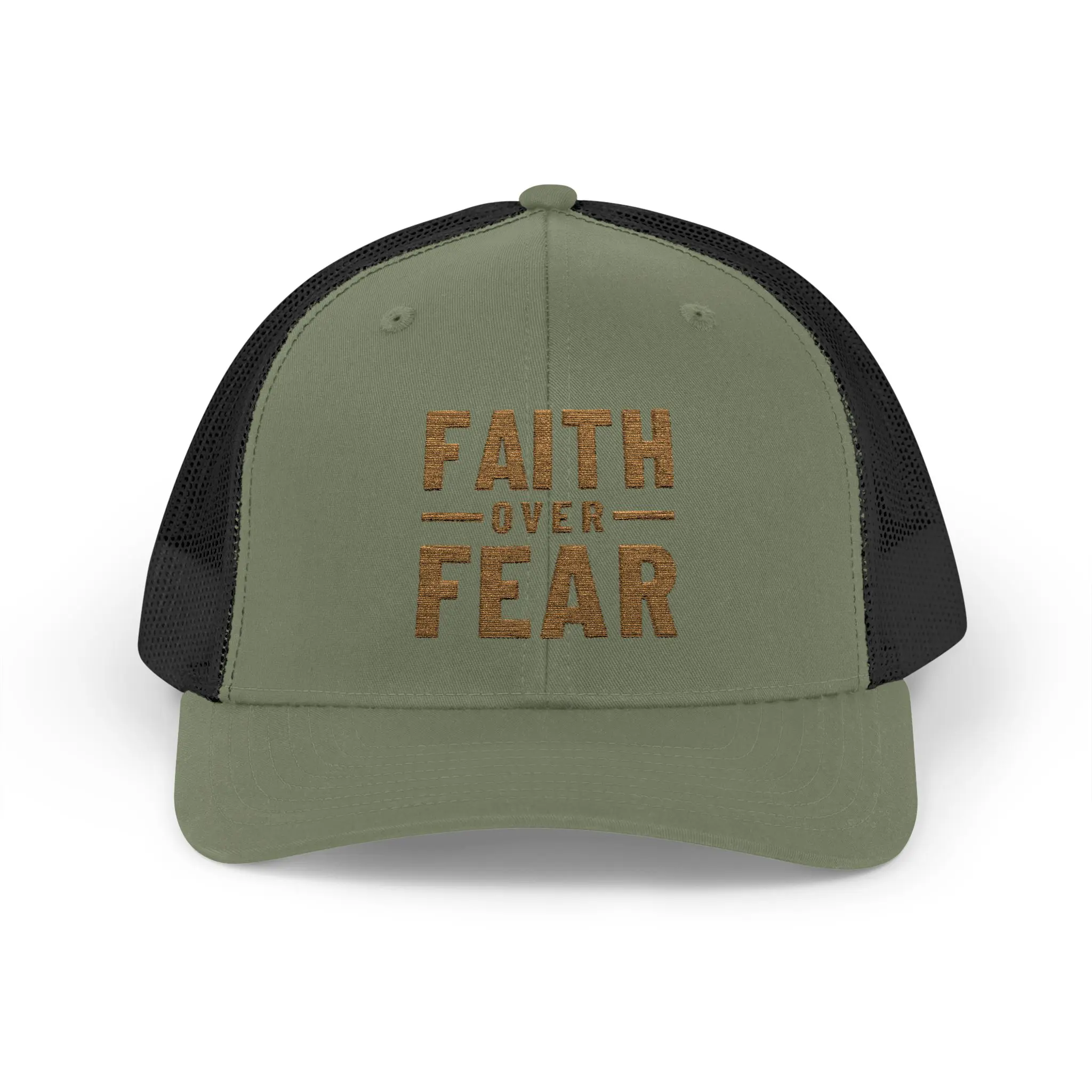 Faith Over Fear Trucker Hat | Gold Embroidered Christian Snapback - Image 13