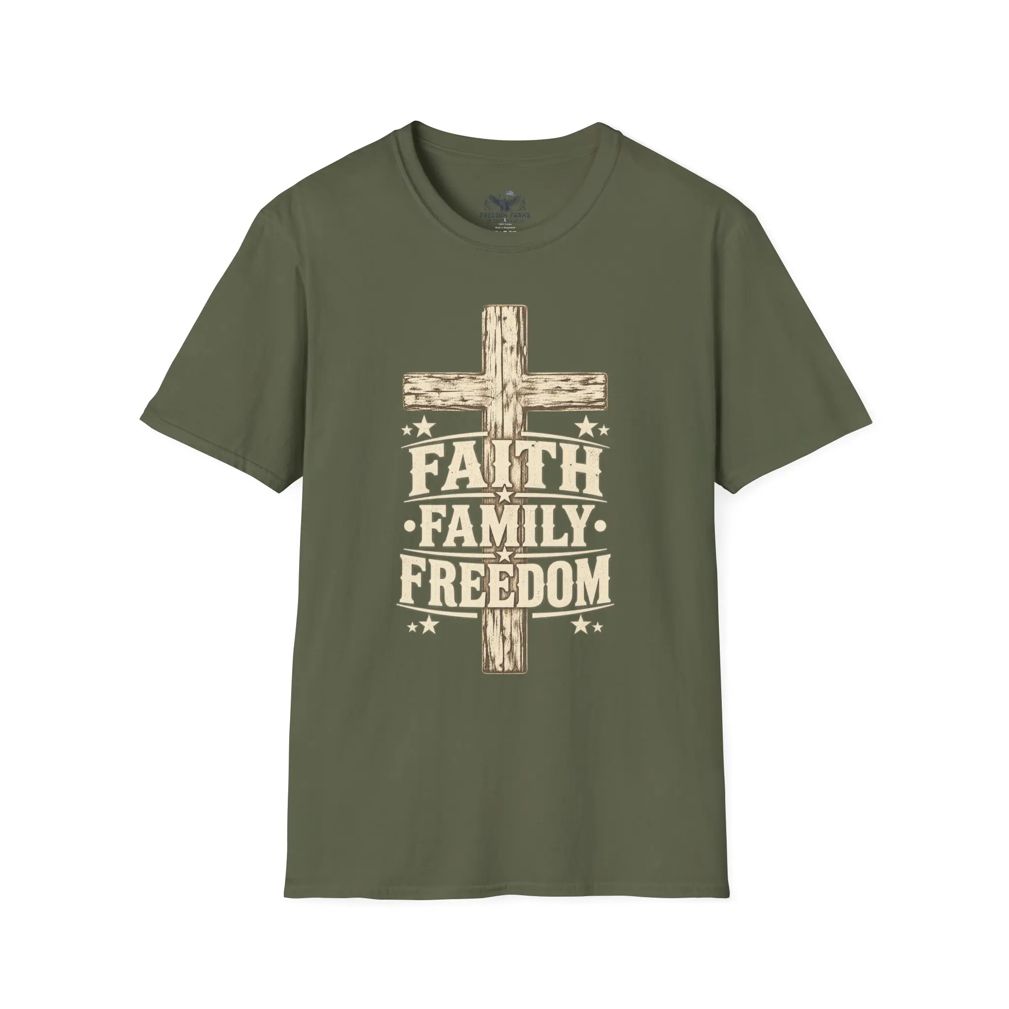 Faith Family Freedom T-Shirt | Rustic Wooden Cross Christian Patriot Tee - Image 9