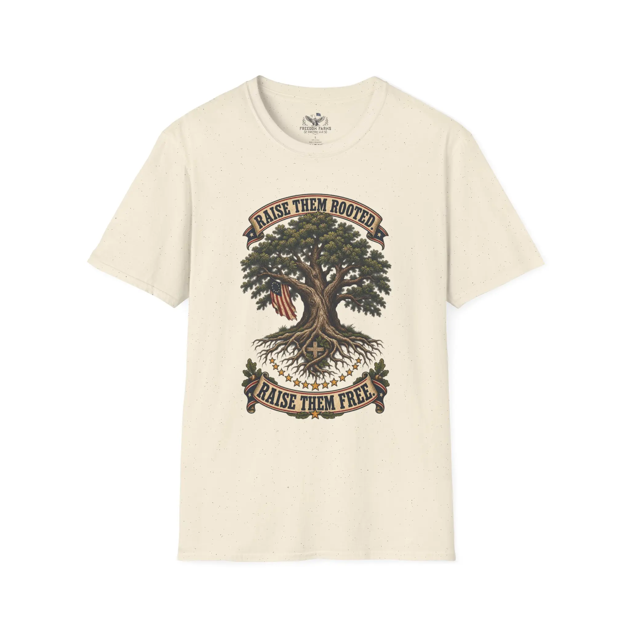 Raise Them Rooted, Raise Them Free T-Shirt | Faith and Flag Oak Tree Tee