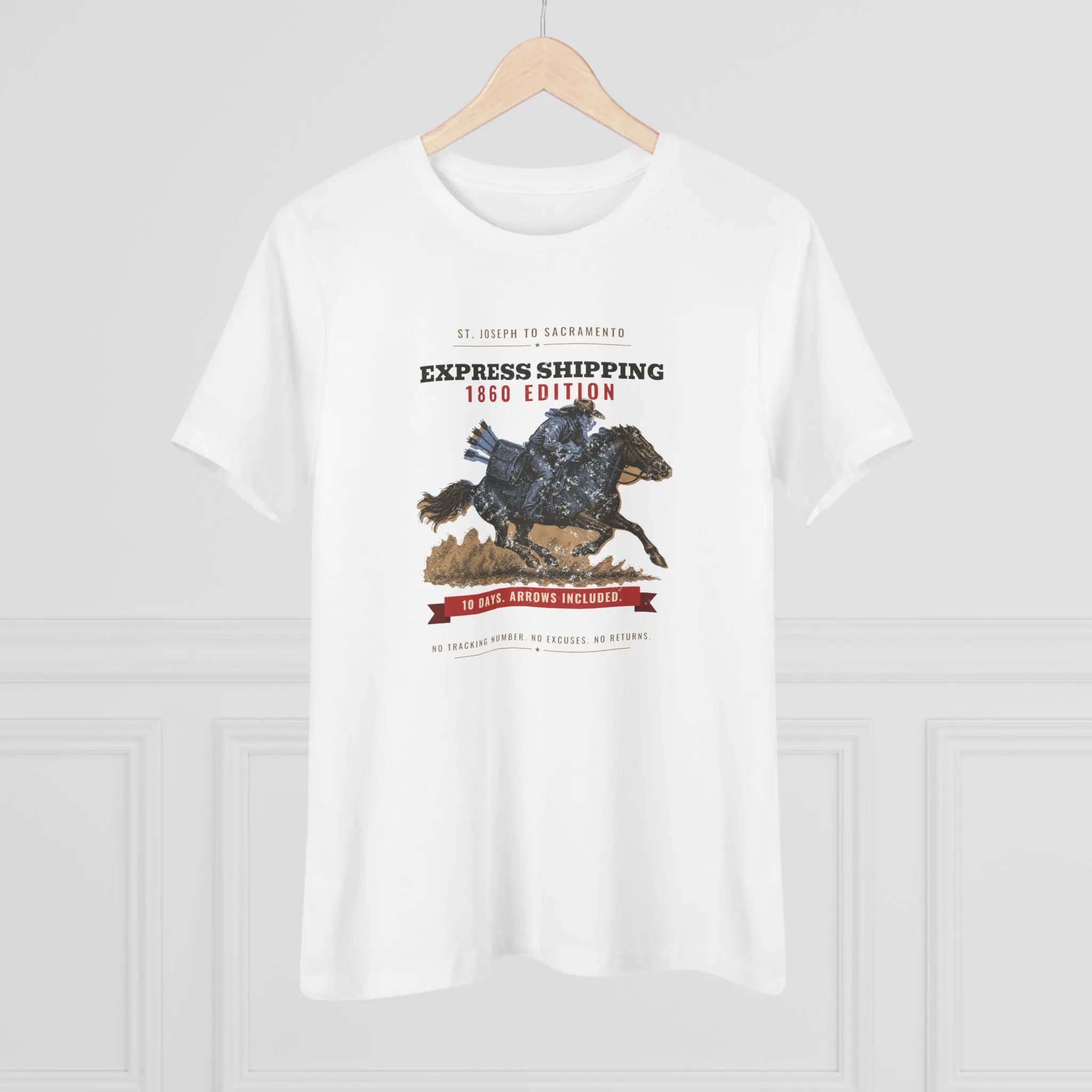 Women's Express Shipping 1860 Edition Tee | Funny Pony Express History Shirt - Image 4