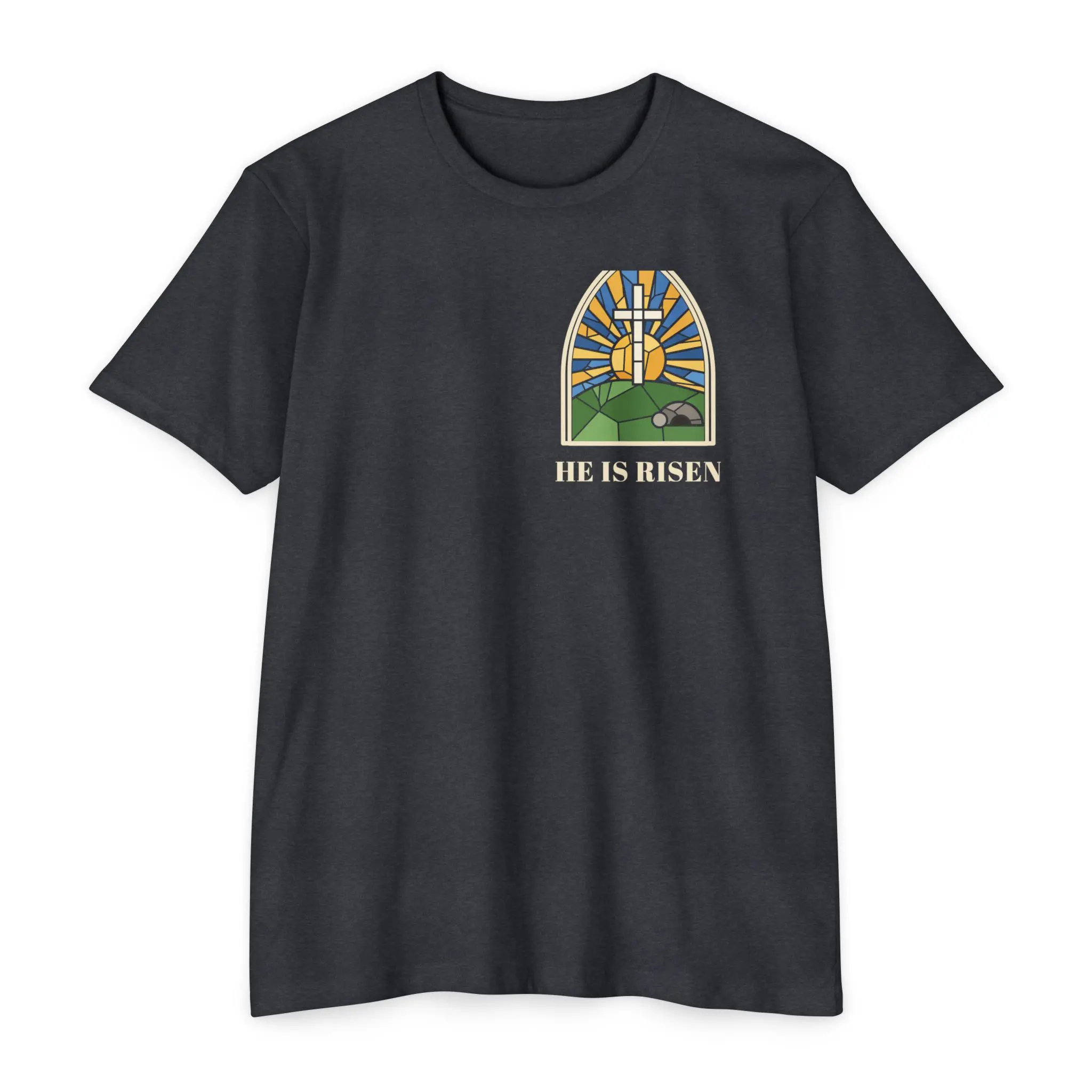 He Is Risen T-Shirt | Stained Glass Empty Tomb Front and Back Tee - Image 13