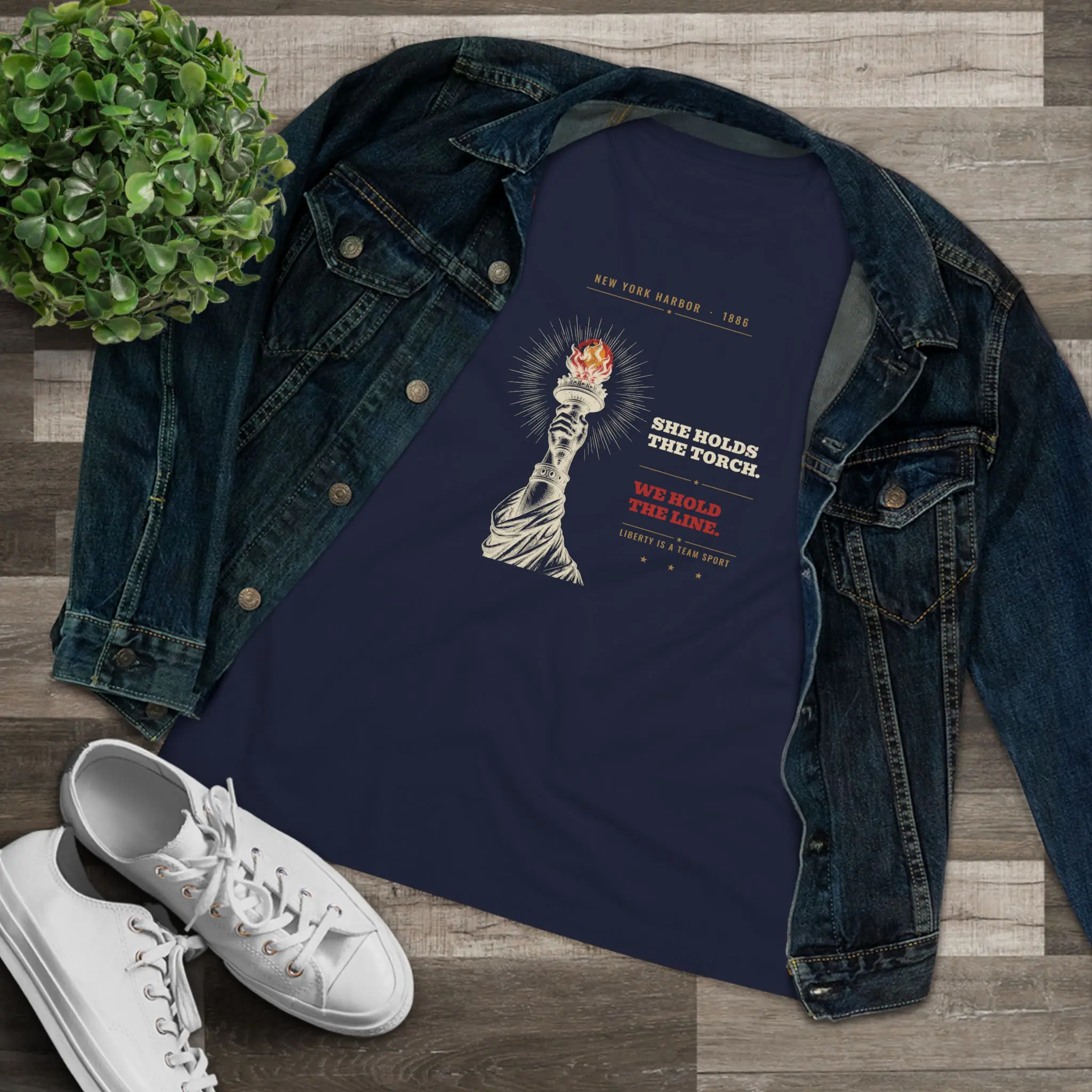 Women's She Holds the Torch. We Hold the Line. Tee | Lady Liberty Patriotic Shirt - Image 11