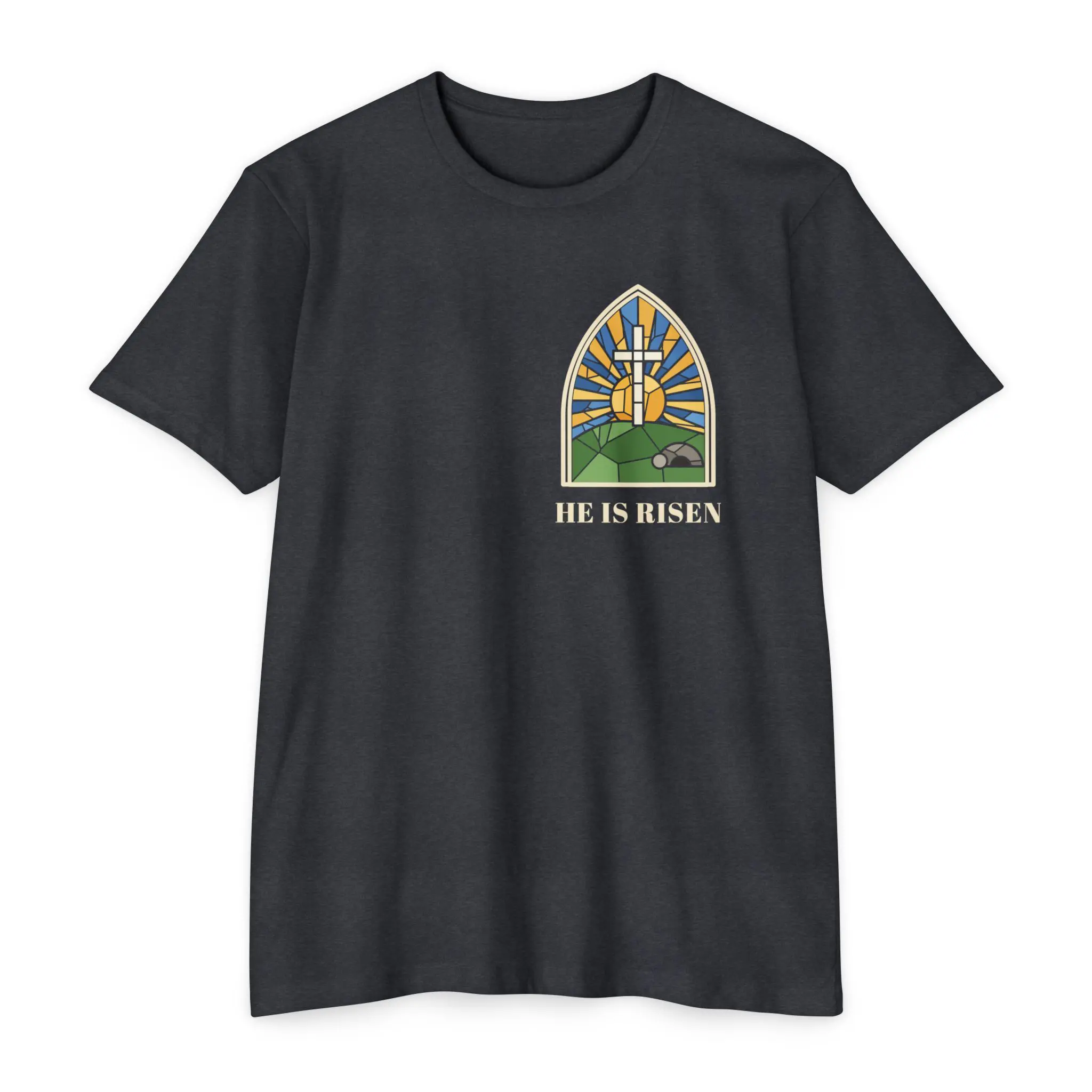 He Is Risen T-Shirt | Stained Glass Empty Tomb Front and Back Tee - Image 13