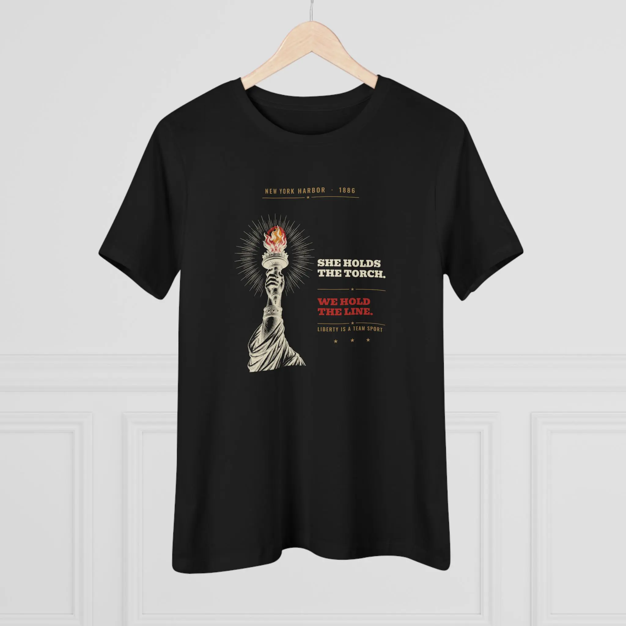 Women's She Holds the Torch. We Hold the Line. Tee | Lady Liberty Patriotic Shirt - Image 4