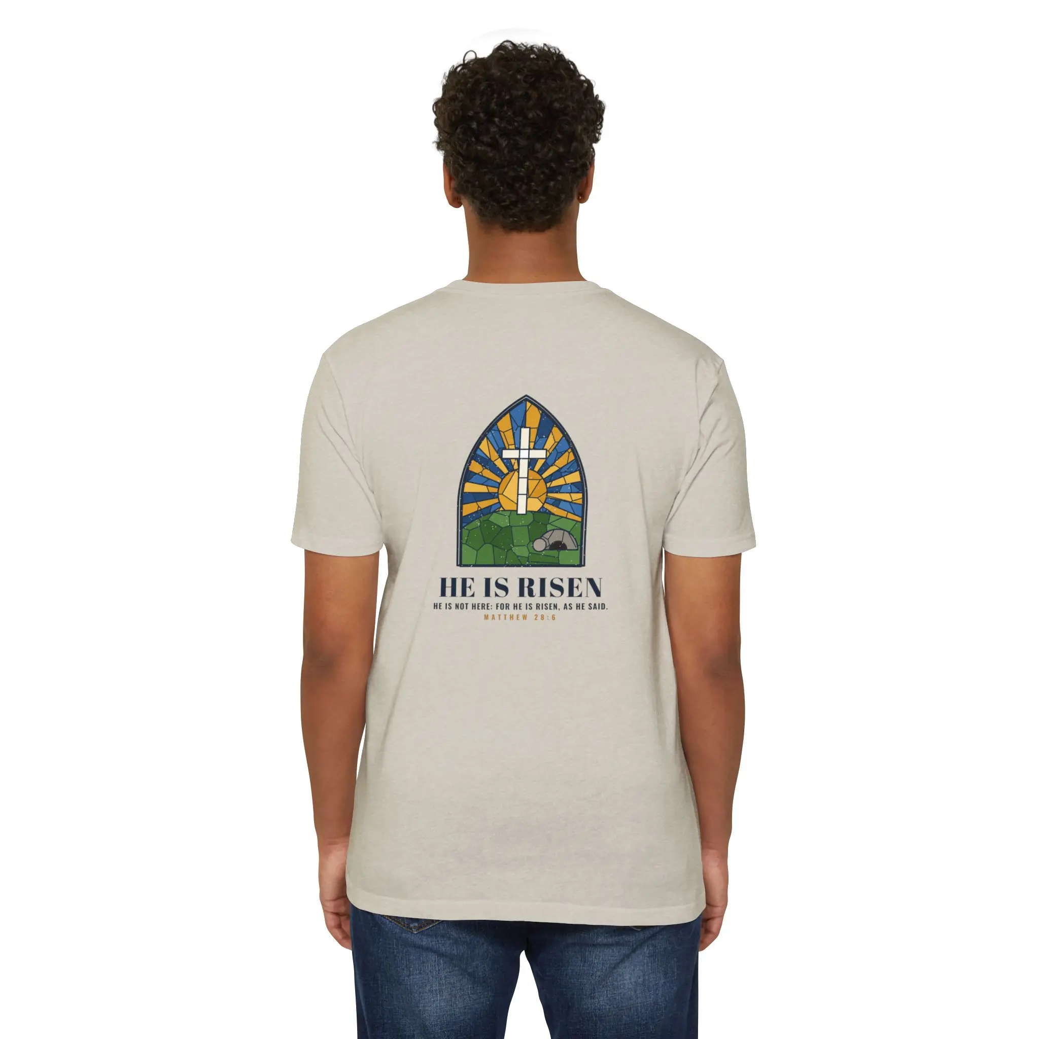He Is Risen T-Shirt | Stained Glass Empty Tomb Front and Back Tee - Image 8