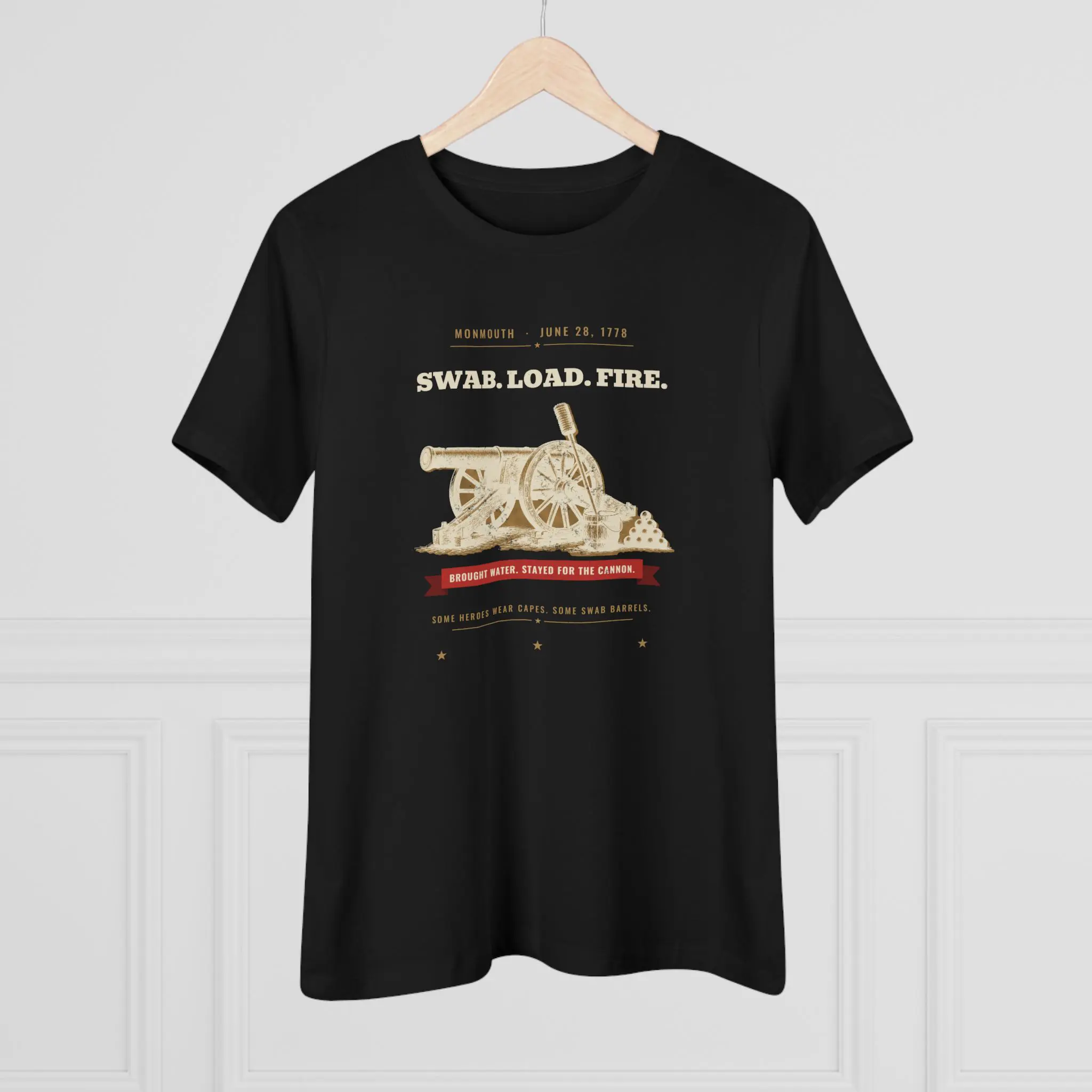 Women's Swab. Load. Fire. Tee | Monmouth 1778 Cannon Funny History Shirt - Image 4