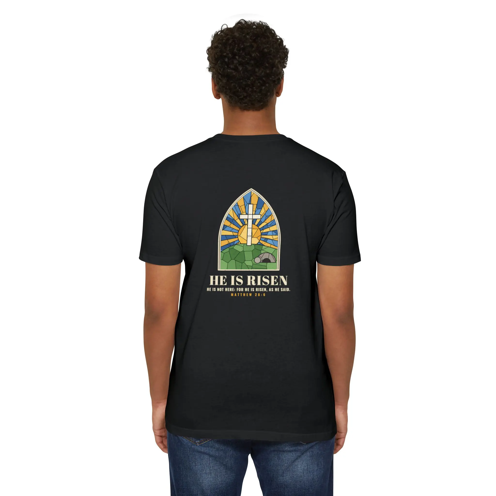 He Is Risen T-Shirt | Stained Glass Empty Tomb Front and Back Tee - Image 20