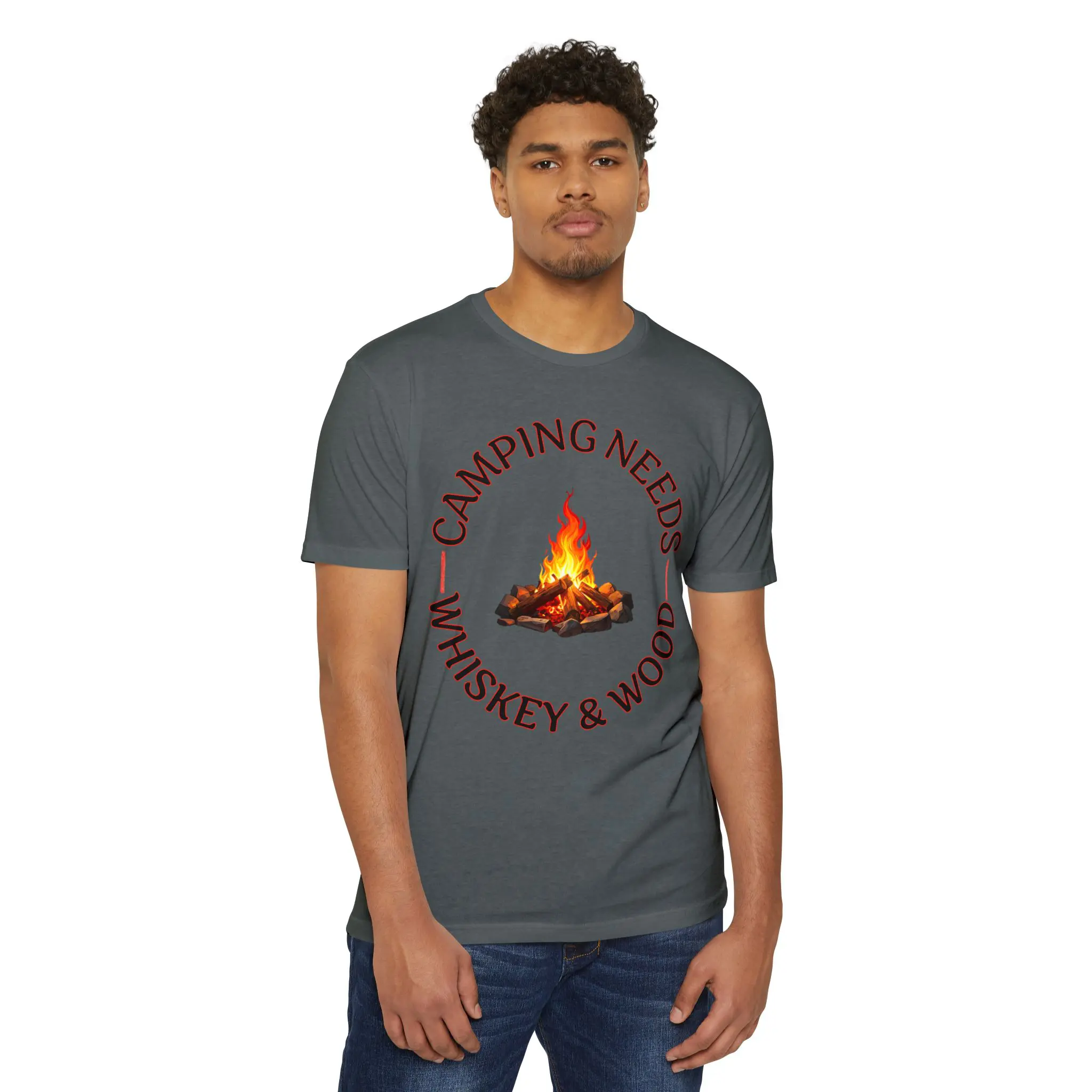 Camping Needs Whiskey and Wood T-Shirt | Funny Campfire Graphic Tee - Image 15