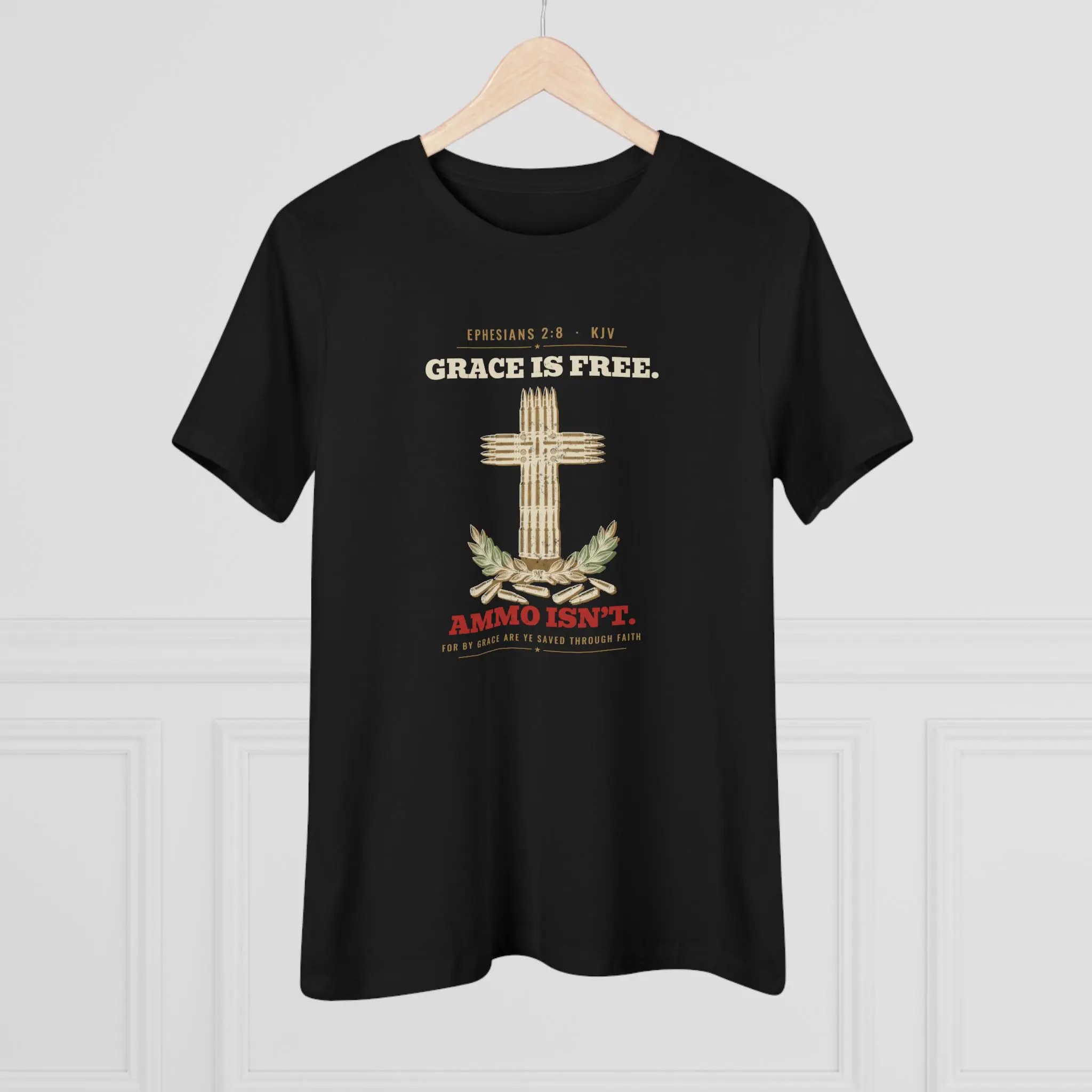 Women's Grace Is Free. Ammo Isn't. Tee | Ephesians 2:8 Cartridge Cross Christian 2A Shirt - Image 4