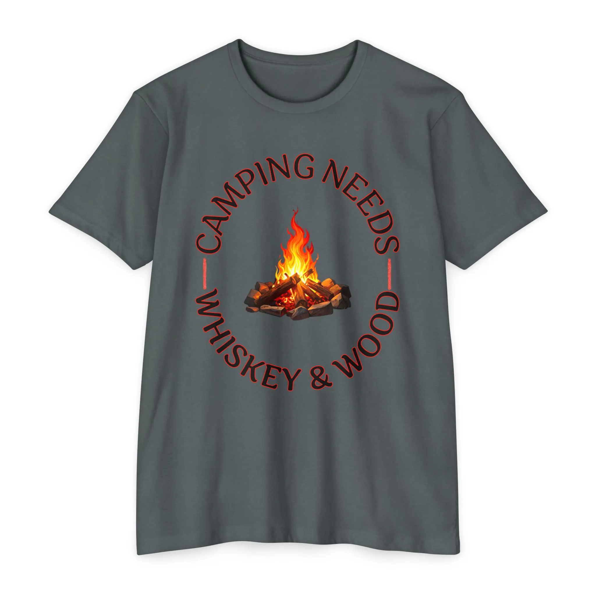 Camping Needs Whiskey and Wood T-Shirt | Funny Campfire Graphic Tee - Image 13