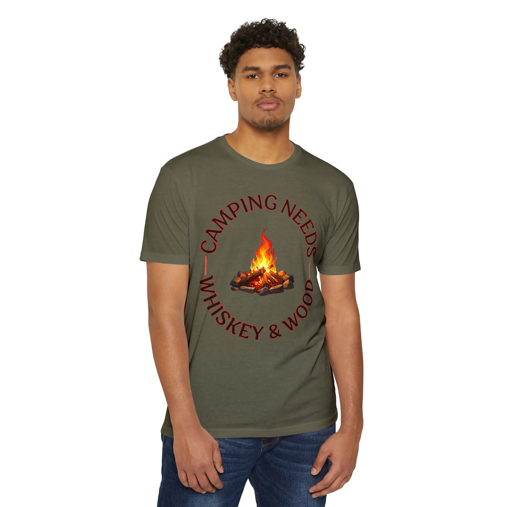 Camping Needs Whiskey and Wood T-Shirt | Funny Campfire Graphic Tee - Image 11
